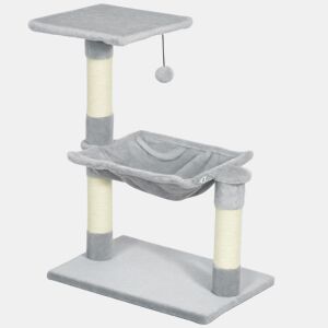 PawHut Árvore Arranhador para Gatos 50x36x70 cm com Rede, Plataforma, Postes em Sisal e Bola Suspensa Cinzento-Claro