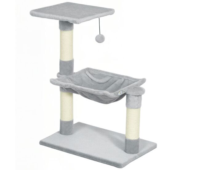 Pawhut árbol rascador para gatos torre para gatos 50x36x70 cm centro de actividad con hamaca plataforma postes de sisal y bola colgante gris claro