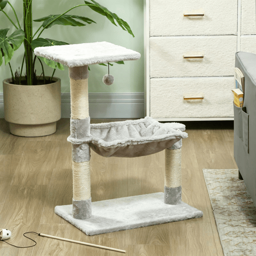 PawHut Árvore Arranhador para Gatos 50x36x70 cm com Rede, Plataforma, Postes em Sisal e Bola Suspensa Cinzento-Claro PawHut Árvore Arranhador para Gatos 50x36x70 cm com Rede, Plataforma, Postes em Sisal e Bola Suspensa Cinzento-Claro