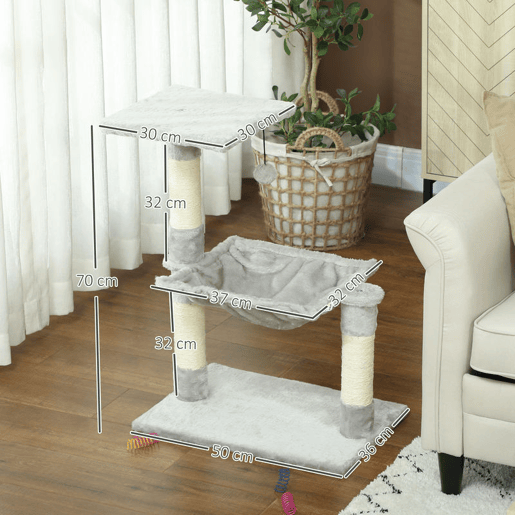 PawHut Árvore Arranhador para Gatos 50x36x70 cm com Rede, Plataforma, Postes em Sisal e Bola Suspensa Cinzento-Claro PawHut Árvore Arranhador para Gatos 50x36x70 cm com Rede, Plataforma, Postes em Sisal e Bola Suspensa Cinzento-Claro