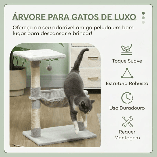 PawHut Árvore Arranhador para Gatos 50x36x70 cm com Rede, Plataforma, Postes em Sisal e Bola Suspensa Cinzento-Claro PawHut Árvore Arranhador para Gatos 50x36x70 cm com Rede, Plataforma, Postes em Sisal e Bola Suspensa Cinzento-Claro