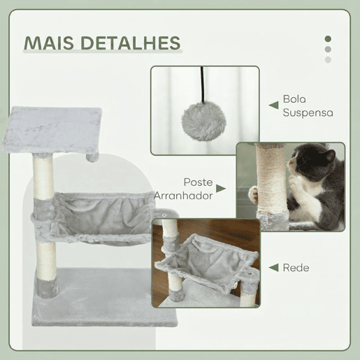 PawHut Árvore Arranhador para Gatos 50x36x70 cm com Rede, Plataforma, Postes em Sisal e Bola Suspensa Cinzento-Claro PawHut Árvore Arranhador para Gatos 50x36x70 cm com Rede, Plataforma, Postes em Sisal e Bola Suspensa Cinzento-Claro