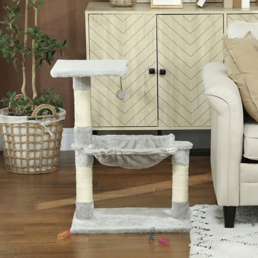 PawHut Árvore Arranhador para Gatos 50x36x70 cm com Rede, Plataforma, Postes em Sisal e Bola Suspensa Cinzento-Claro PawHut Árvore Arranhador para Gatos 50x36x70 cm com Rede, Plataforma, Postes em Sisal e Bola Suspensa Cinzento-Claro
