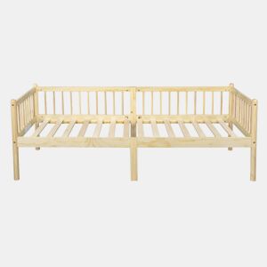 Cama-cesto 90x200 cm - Sofá-cama em madeira de pinho com grades em 3 lados e 14 ripas - Natural
