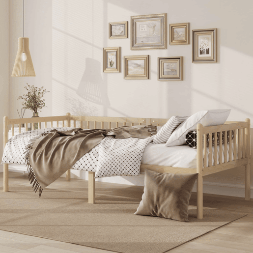 Cama-cesto 90x200 cm - Sofá-cama em madeira de pinho com grades em 3 lados e 14 ripas - Natural Cama-cesto 90x200 cm - Sofá-cama em madeira de pinho com grades em 3 lados e 14 ripas - Natural
