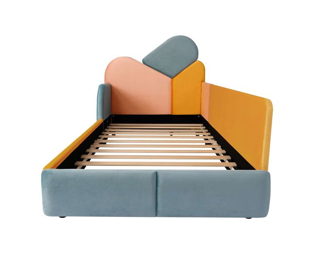 Cama infantil tapizada 90x200 cm - cama individual baja con cabecero acolchado, protección lateral elevada y barrera de seguridad - azul multicolor