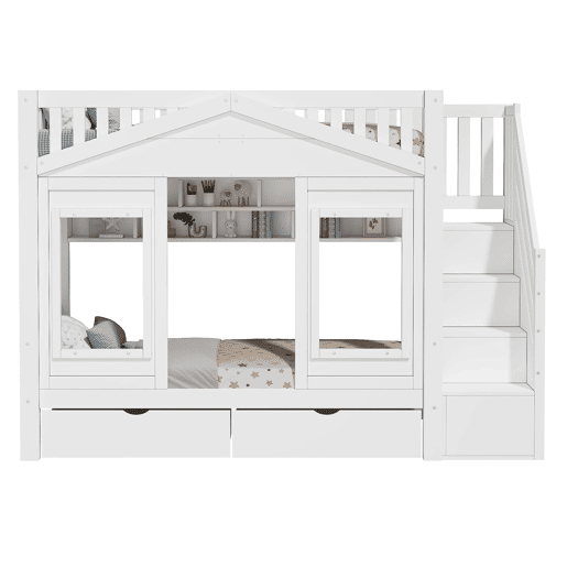Beliche infantil alto 90x200 cm - cama elevada em madeira maciça com grade de segurança, escada com espaço de arrumação e janela - branco Beliche infantil alto 90x200 cm - cama elevada em madeira maciça com grade de segurança, escada com espaço de arrumação e janela - branco