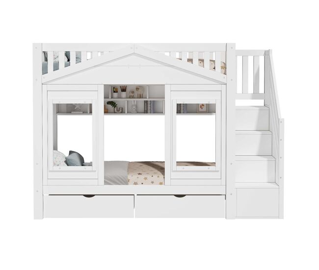 Litera alta infantil 90x200 cm - cama elevada de madera maciza con barandilla de seguridad, escalera con almacenamiento y ventana - blanco