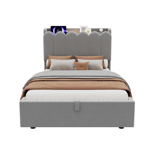 Cama individual 90 x 200 cm u2014 estofada com arrumação hidráulica, cabeceira almofadada, USB, Type-C e candeeiro de leitura u2014 cinzenta Cama individual 90 x 200 cm u2014 estofada com arrumação hidráulica, cabeceira almofadada, USB, Type-C e candeeiro de leitura u2014 cinzenta