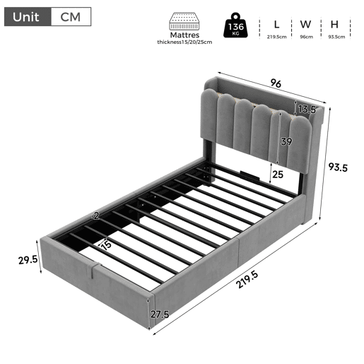 Cama individual 90 x 200 cm u2014 estofada com arrumação hidráulica, cabeceira almofadada, USB, Type-C e candeeiro de leitura u2014 cinzenta Cama individual 90 x 200 cm u2014 estofada com arrumação hidráulica, cabeceira almofadada, USB, Type-C e candeeiro de leitura u2014 cinzenta
