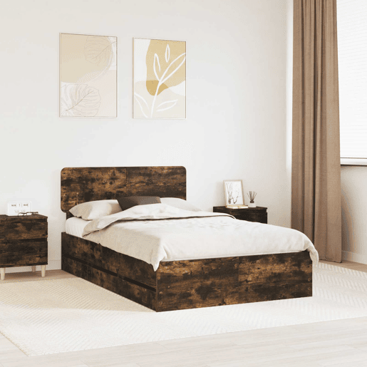 Estrutura de cama de casal com cabeceira - Carvalho Fumado 120 x 200 cm