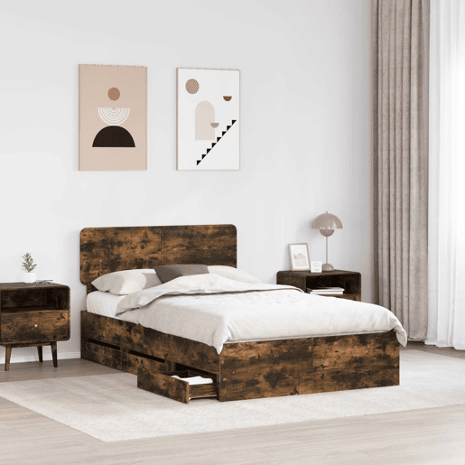 Estrutura de cama de casal com cabeceira - Carvalho Fumado 120 x 200 cm