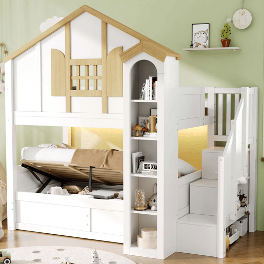 Beliche infantil 90x200+90x200 cm u2013 cama alta em madeira maciça com LED, escada com espaço de arrumação e design em forma de castelo u2013 branco e natural