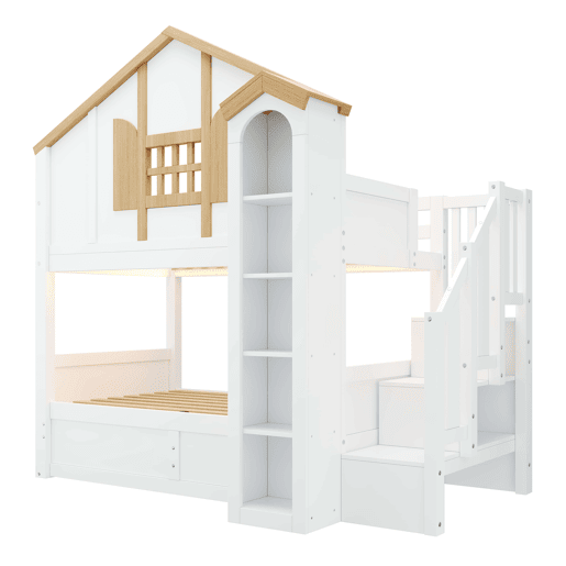 Beliche infantil 90x200+90x200 cm u2013 cama alta em madeira maciça com LED, escada com espaço de arrumação e design em forma de castelo u2013 branco e natural