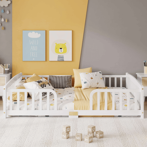 Cama infantil 140x200 cm - em madeira de pinho, com grades de segurança e acesso central - Branca Cama infantil 140x200 cm - em madeira de pinho, com grades de segurança e acesso central - Branca