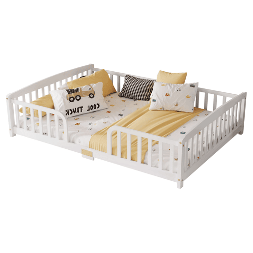 Cama infantil 140x200 cm - em madeira de pinho, com grades de segurança e acesso central - Branca Cama infantil 140x200 cm - em madeira de pinho, com grades de segurança e acesso central - Branca