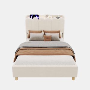 Cama individual 90x200 cm - tapizada con cabecero acolchado, somier, USB y Type-C, lámpara de lectura - beige