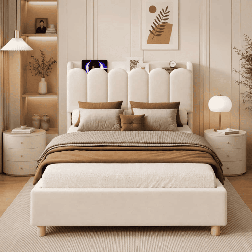 Cama individual 90x200 cm - tapizada con cabecero acolchado, somier, USB y Type-C, lámpara de lectura - beige Cama individual 90x200 cm - tapizada con cabecero acolchado, somier, USB y Type-C, lámpara de lectura - beige