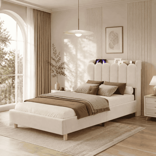 Cama individual 90x200 cm - tapizada con cabecero acolchado, somier, USB y Type-C, lámpara de lectura - beige Cama individual 90x200 cm - tapizada con cabecero acolchado, somier, USB y Type-C, lámpara de lectura - beige