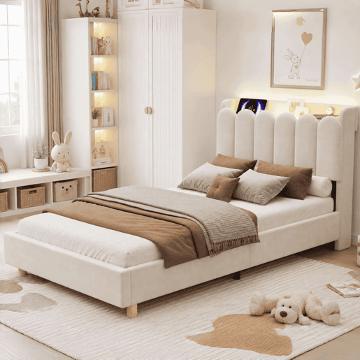 Cama individual 90x200 cm - tapizada con cabecero acolchado, somier, USB y Type-C, lámpara de lectura - beige Cama individual 90x200 cm - tapizada con cabecero acolchado, somier, USB y Type-C, lámpara de lectura - beige