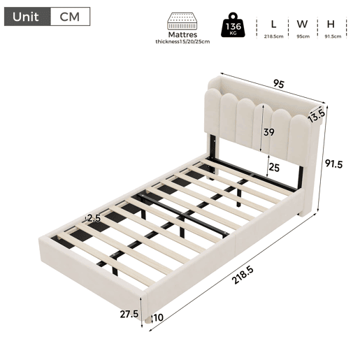 Cama individual 90x200 cm - tapizada con cabecero acolchado, somier, USB y Type-C, lámpara de lectura - beige Cama individual 90x200 cm - tapizada con cabecero acolchado, somier, USB y Type-C, lámpara de lectura - beige