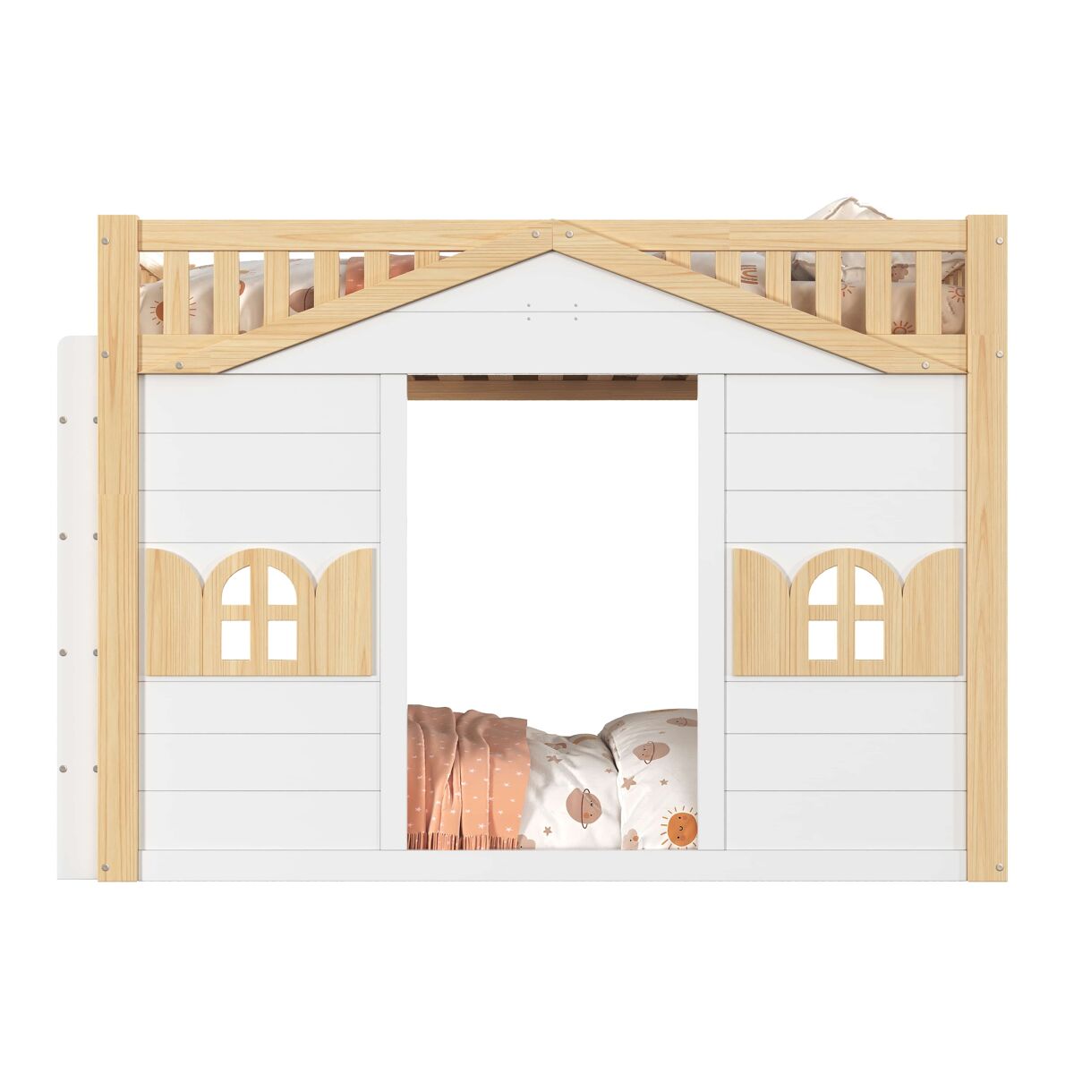Litera alta infantil 90x200 cm - cama tipo casa con ventana, zona de juegos inferior, estructura de madera - blanco + natural