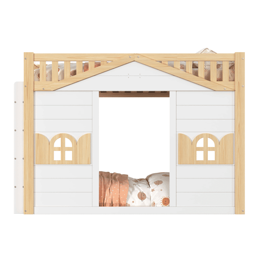 Beliche alto infantil 90x200 cm - cama em forma de casinha com janela, zona de jogos na parte inferior, estrutura em madeira - branco + natural