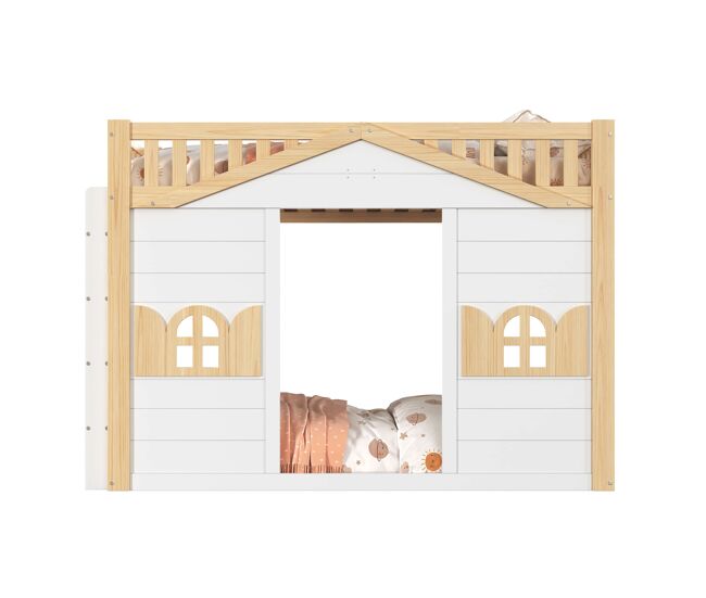 Litera alta infantil 90x200 cm - cama tipo casa con ventana, zona de juegos inferior, estructura de madera - blanco + natural