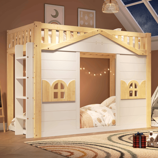 Beliche alto infantil 90x200 cm - cama em forma de casinha com janela, zona de jogos na parte inferior, estrutura em madeira - branco + natural