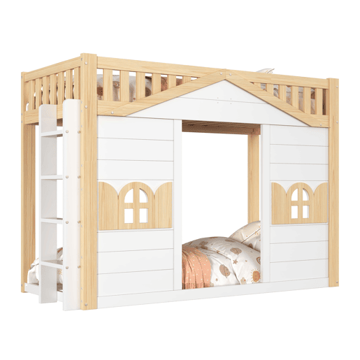 Beliche alto infantil 90x200 cm - cama em forma de casinha com janela, zona de jogos na parte inferior, estrutura em madeira - branco + natural