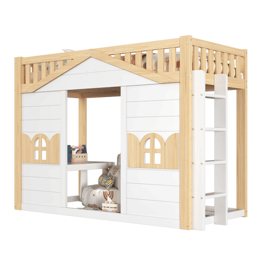 Beliche alto infantil 90x200 cm - cama em forma de casinha com janela, zona de jogos na parte inferior, estrutura em madeira - branco + natural