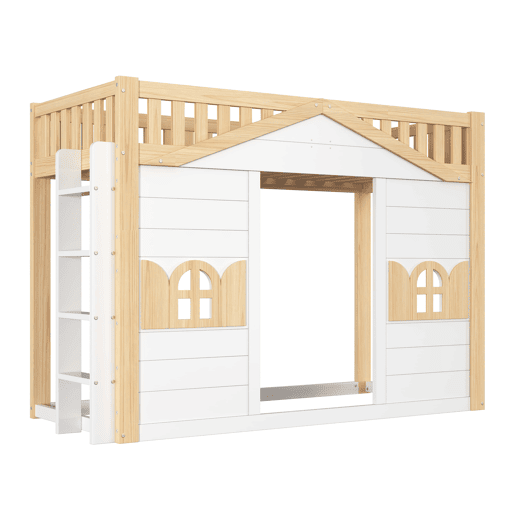 Beliche alto infantil 90x200 cm - cama em forma de casinha com janela, zona de jogos na parte inferior, estrutura em madeira - branco + natural