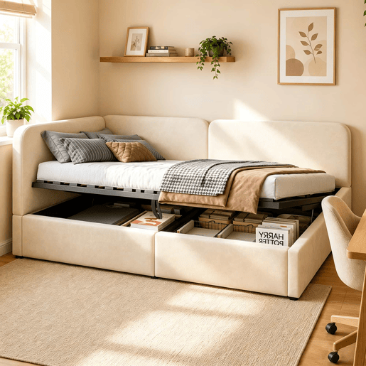 Cama estofada 140x200 cm - com arrumação hidráulica, cabeceira alta, encosto intercambiável, sofá-cama em veludo - Bege