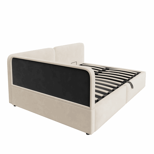 Cama estofada 140x200 cm - com arrumação hidráulica, cabeceira alta, encosto intercambiável, sofá-cama em veludo - Bege