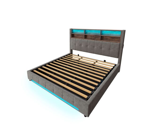 Cama tapizada 180x200 cm - terciopelo con cabecero multifuncional, led, usb-c, almacenamiento hidráulico y gran espacio bajo cama - gris oscuro