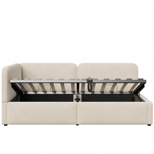 Cama estofada 90x200 - Sofá-cama em veludo com arrumação hidráulica, cabeceira alta e encosto intercambiável - Bege Cama estofada 90x200 - Sofá-cama em veludo com arrumação hidráulica, cabeceira alta e encosto intercambiável - Bege