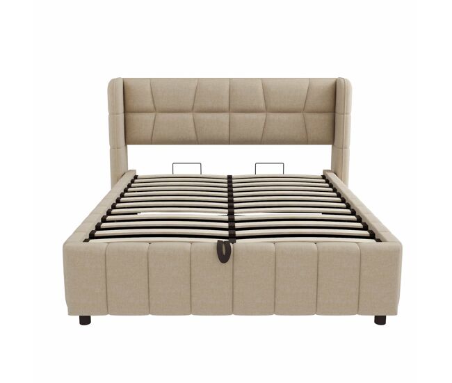 Cama tapizada 140x200 cm - con respaldo, almacenamiento hidráulico neumático, estructura de lino - beige