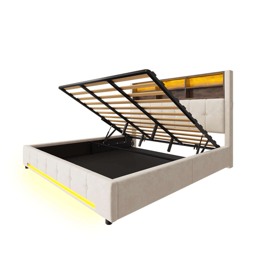 Cama estofada 180x200 cm - Cabeceira multifuncional com 6 compartimentos, bolsos laterais, USB-C, LED, sistema de arrumação hidráulico e amplo espaço debaixo da cama - Bege