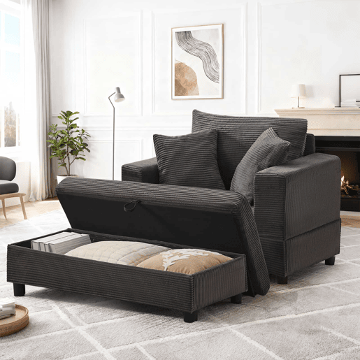Espreguiçadeira 107 x 74 x 57 cm u2014 com apoio para os pés, espaço de arrumação e 3 almofadas u2014 Cinzento Espreguiçadeira 107 x 74 x 57 cm u2014 com apoio para os pés, espaço de arrumação e 3 almofadas u2014 Cinzento