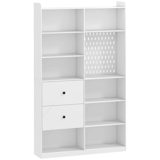 HOMCOM Estante para Livros Alta e Estreita, 6 NÃveis, Painel Perfurado, 2 Gavetas e 8 Compartimentos, 120x30x200 cm, Branco HOMCOM Estante para Livros Alta e Estreita, 6 NÃveis, Painel Perfurado, 2 Gavetas e 8 Compartimentos, 120x30x200 cm, Branco