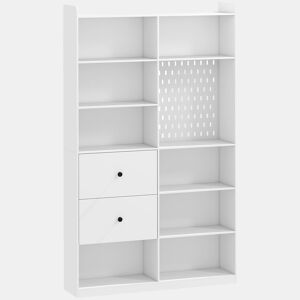 HOMCOM Estante para Livros Alta e Estreita, 6 Níveis, Painel Perfurado, 2 Gavetas e 8 Compartimentos, 120x30x200 cm, Branco