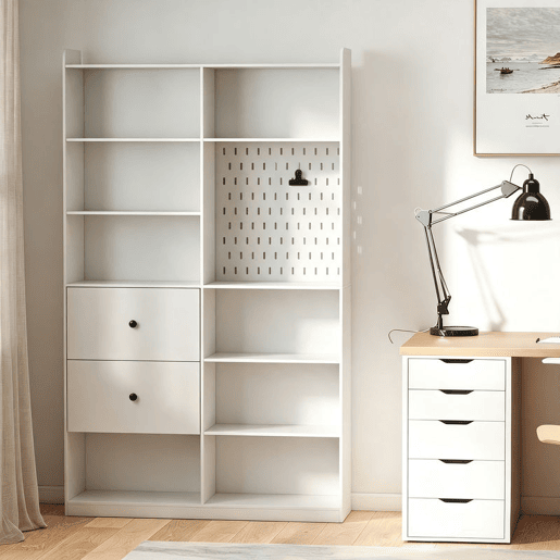 HOMCOM Estante para Livros Alta e Estreita, 6 NÃveis, Painel Perfurado, 2 Gavetas e 8 Compartimentos, 120x30x200 cm, Branco HOMCOM Estante para Livros Alta e Estreita, 6 NÃveis, Painel Perfurado, 2 Gavetas e 8 Compartimentos, 120x30x200 cm, Branco