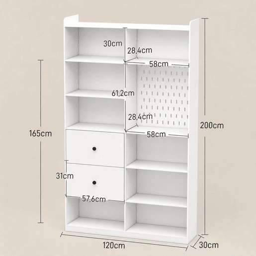 HOMCOM Estante para Livros Alta e Estreita, 6 NÃveis, Painel Perfurado, 2 Gavetas e 8 Compartimentos, 120x30x200 cm, Branco HOMCOM Estante para Livros Alta e Estreita, 6 NÃveis, Painel Perfurado, 2 Gavetas e 8 Compartimentos, 120x30x200 cm, Branco