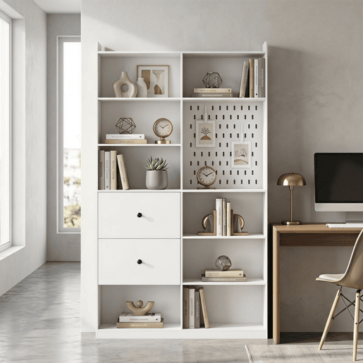HOMCOM Estante para Livros Alta e Estreita, 6 NÃveis, Painel Perfurado, 2 Gavetas e 8 Compartimentos, 120x30x200 cm, Branco HOMCOM Estante para Livros Alta e Estreita, 6 NÃveis, Painel Perfurado, 2 Gavetas e 8 Compartimentos, 120x30x200 cm, Branco