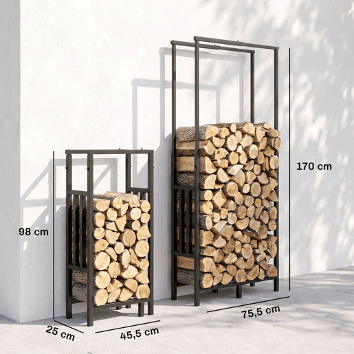 Outsunny Suporte para Lenha em Aço, Lenheiro para Interior e Exterior com Largura e Altura Ajustáveis, Carga 100 kg, 45,5-75,5x25x98-170 cm, Preto