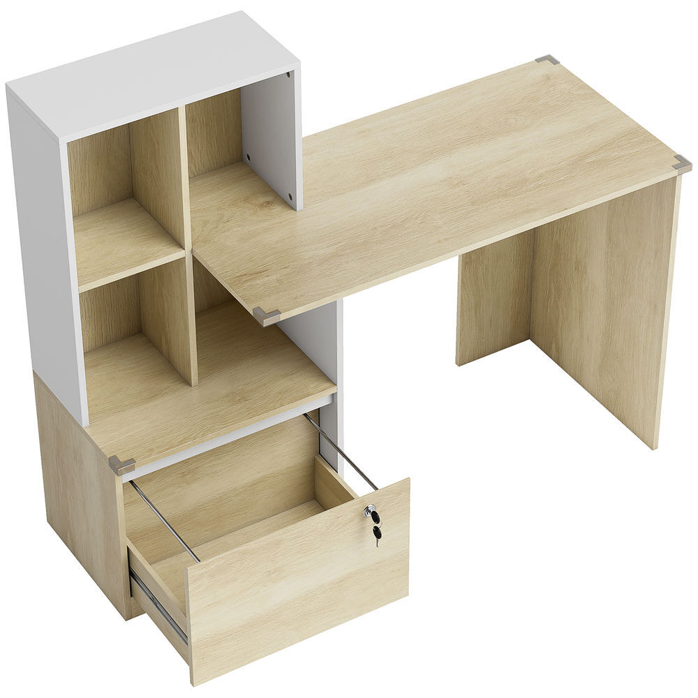 Homcom escritorio, mesa de oficina con 4 estantes y cajón archivador a4 con cerradura y 2 llaves, mesa de ordenador moderna para espacios pequeños,