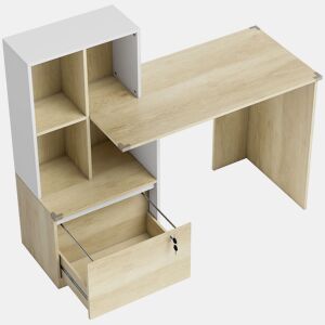 HOMCOM Secretária com 4 Prateleiras e Gaveta de Arquivo A4 com Fechadura, Mesa de Escritório com 2 Chaves para Espaços Pequenos, Carvalho