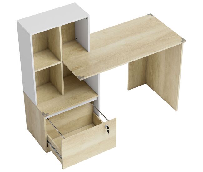 Homcom escritorio, mesa de oficina con 4 estantes y cajón archivador a4 con cerradura y 2 llaves, mesa de ordenador moderna para espacios pequeños,