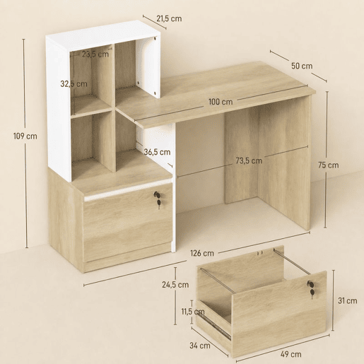 HOMCOM Secretária com 4 Prateleiras e Gaveta de Arquivo A4 com Fechadura, Mesa de Escritório com 2 Chaves para Espaços Pequenos, Carvalho HOMCOM Secretária com 4 Prateleiras e Gaveta de Arquivo A4 com Fechadura, Mesa de Escritório com 2 Chaves para Espaços Pequenos, Carvalho