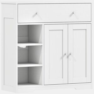 HOMCOM Armário de Casa de Banho Estreito com Gaveta, 2 Portas e 3 Prateleiras Abertas, Compacto, 80x30x80,2 cm, Branco Texturado